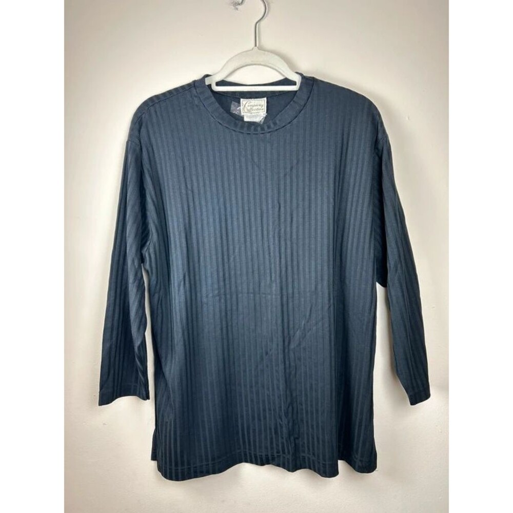 Vintage 90s Company Collection Solid Black Knit Striped Crew Neck Sweater L